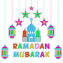 Naklejka premium Ramadan Kareem design with multicolored ornaments, lanterns, moon, and stars