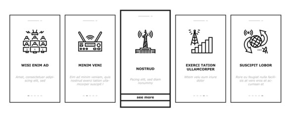 Telecommunication Technology Onboarding Mobile App Page Screen Vector. Telecommunication Tower And Antenna, Analog Transmitter And Connection Devices, Internet Network For Broadcasting. Illustrations