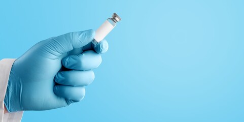 A doctor in medical gloves holds a bottle with coronavirus Covid19 variant strain vaccine.The concept of medicine