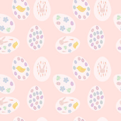 seamless pattern Easter eggs with rabbit, chick, flower, leaves on pink background