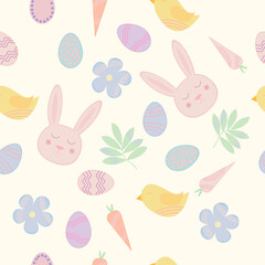 Seamless easter pattern with rabbit, carrot, chick, flower, leaves and eggs on beige background