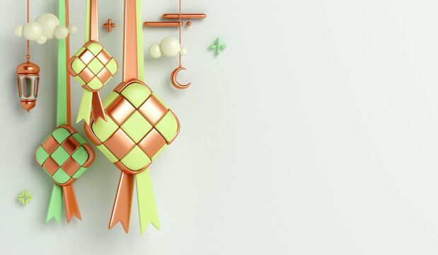 Islamic decoration background with ketupat, crescent, lantern cartoon style, ramadan kareem, eid al fitr, copy space text area, 3D illustration.