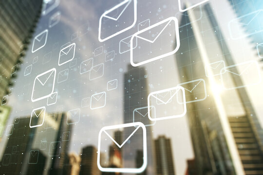 Abstract virtual postal envelopes sketch on blurry cityscape background, e-mail and marketing concept. Double exposure - Powered by Adobe