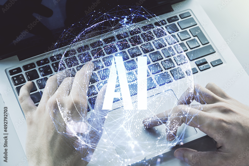 Poster creative artificial intelligence symbol concept with hands typing on computer keyboard on background
