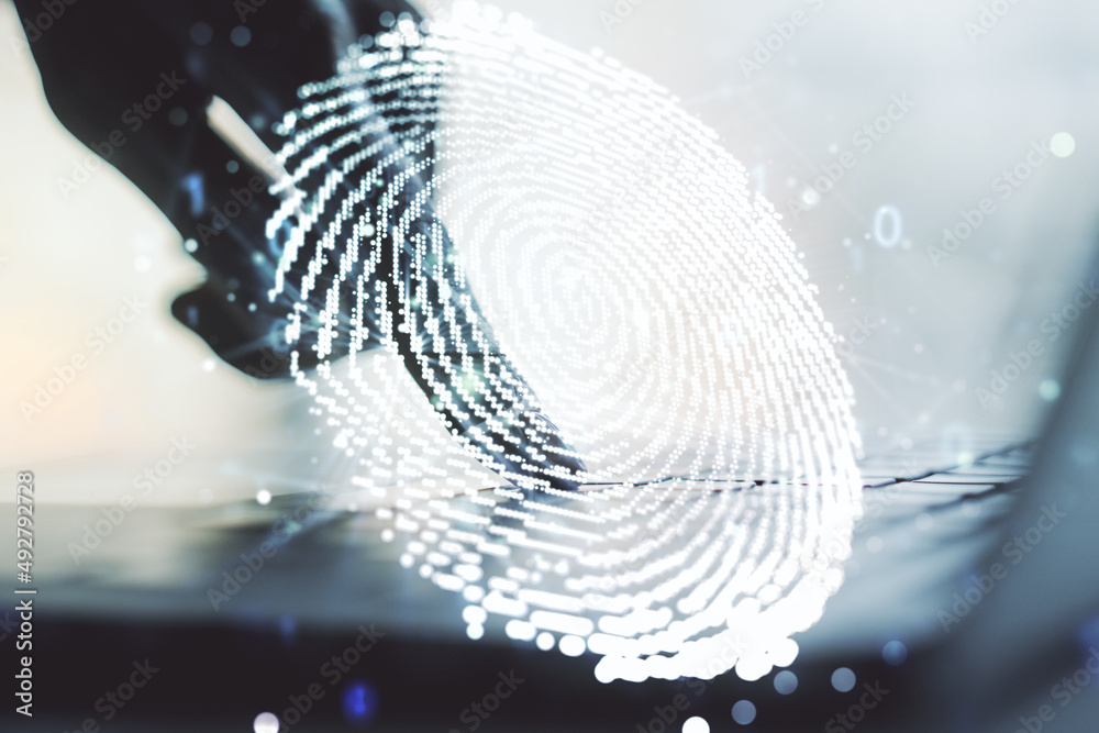 Aufkleber abstract creative fingerprint concept with hands typing on laptop on background. multiexposure