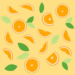 Pattern oranges sliced, half, cut oranges  with orange's green leaves on yellow background