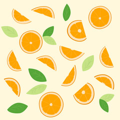 Pattern oranges sliced, half, cut oranges  with orange's green leaves