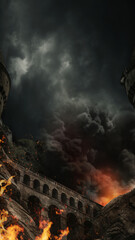 Medieval bridge on fire after explosion. Scary and mystic theme. Conceptual background for your...