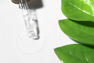 Glass pipette with transparent cosmetic liquid and natural green leaves of a plant on a white background, top view. Hyaluronic acid for hydration and care.