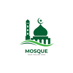simple green mosque logo design, modern islamic logo with wavy element template vector