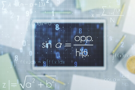 Double exposure of creative scientific formula concept and digital tablet on background, top view, research and development concept