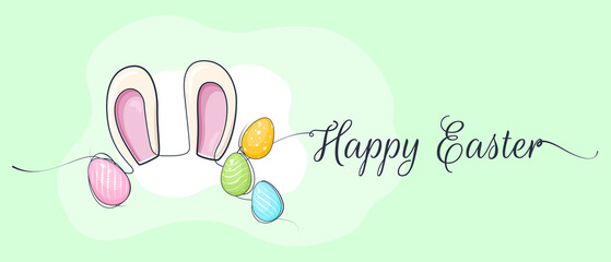 Happy Easter greeting card with colorful eggs and bunny ears in flat design