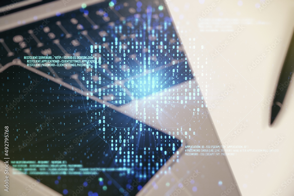 Poster double exposure of creative code skull hologram on laptop background. malware and cyber crime concep
