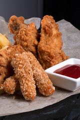 French fries, chicken nuggets, cheese sticks, ketchup sauce