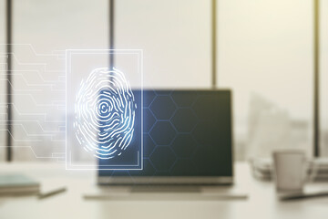 Abstract creative fingerprint illustration on modern computer background, personal biometric data concept. Multiexposure