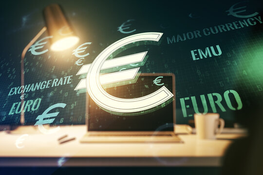 Creative EURO USD symbols sketch on modern laptop background, strategy and forecast concept. Multiexposure - Powered by Adobe