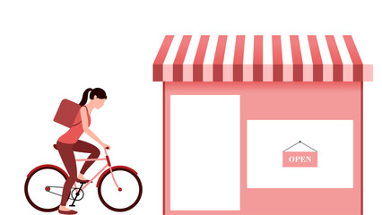 Woman with bicycle at pickup store. delivery business vector illustration on white background.
