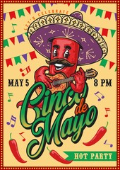 Mexican party poster with chili pepper guitarist