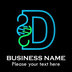 Fototapeta premium Letter d DNA logo template. Design with chromosome symbol. Suitable for research, science, medical, logotype, technology, lab, molecule, protein, nucleus etc
