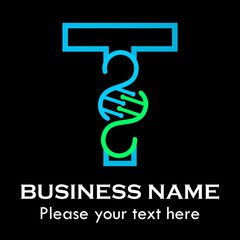 Letter t DNA logo template. Design with chromosome symbol. Suitable for research, science, medical, logotype, technology, lab, molecule, protein, nucleus etc