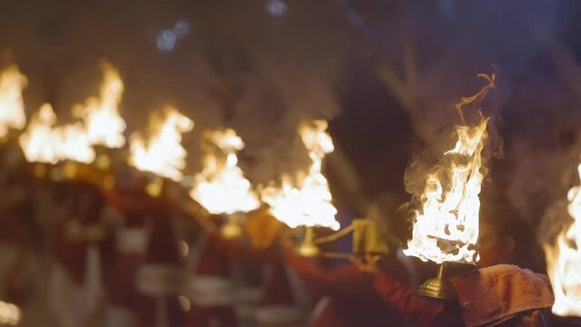 Defocused On Evening Prayer Rituals Of Ganga Aarti At Rivershore Ganga In Rishikesh, Uttarakhand, India. 