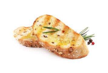 Tasty bruschettas with oil, rosemary and pepper on white background