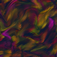 Vector warped lines colorful background. Modern abstract creative backdrop with multicolor variable width stripes. Twisted stripes optical illusion. Moire waves.