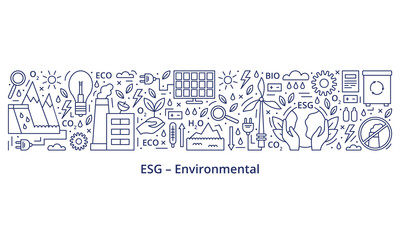 Set of ESG, ECO, BIO icons. ESG environmental criteria, the icons are at the top of the banner, the header is at the bottom. Banner. Template. Vector illustration isolated on white background.