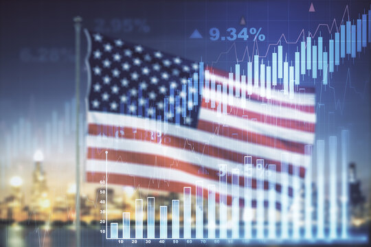 Multi exposure of virtual abstract financial graph interface on US flag and skyline background, financial and trading concept - Powered by Adobe