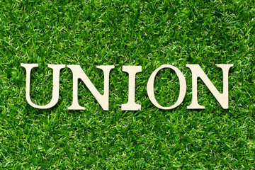 Wood letter in word union on green grass background