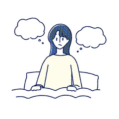 ベット　悩み　考え事　不眠　女性　イラスト