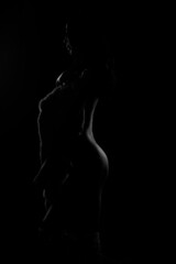Silhouette naked nudity body of Very Slim Woman poses erotic shadow and emotional to show curve