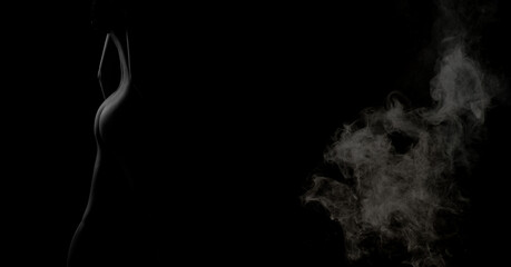 Silhouette naked nudity body of Very Slim Woman poses erotic shadow and emotional to show curve