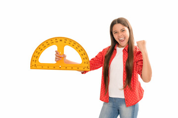education for child. mathematics. success. happy teen girl hold protractor. back to school.