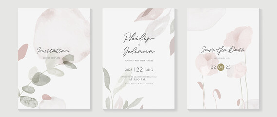 Floral and botanical line art invitation card template. Set of hand drawn wedding ceremony with flower, blooms, branch. Blue blossom watercolor design suitable for flyer, greeting, banner, cover.