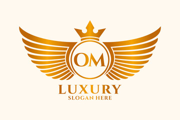 Luxury royal wing Letter OM crest Gold color Logo vector, Victory logo, crest logo, wing logo, vector logo template. - obrazy, fototapety, plakaty