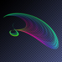 Vector magic glowing swirl trail transparent light effect. Bright shine wavy element for your design.