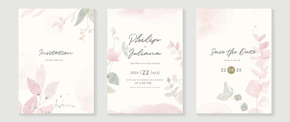 Fototapeta na wymiar Floral and botanical line art invitation card template. Set of hand drawn wedding ceremony with flower, blooms, branch. Blue blossom watercolor design suitable for flyer, greeting, banner, cover.