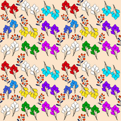 Vector seamless half-drop pattern, with leaves and bud