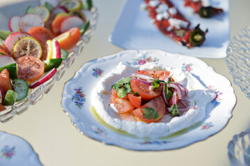 healthy tomato salad with onion basil olive oil and balsamic vinegar, tomato salad, Tomato salad with cream cheese