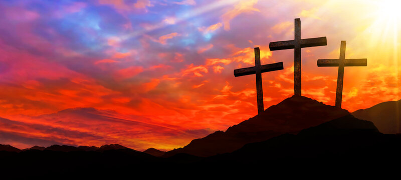 Easter background banner panorama religious greeting card Crucifixion and Resurrection. Three crosses of Golgotha by sunset.