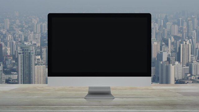Microphone flat icon on desktop modern computer monitor screen on wooden table over office city tower and skyscraper, Business communication online concept