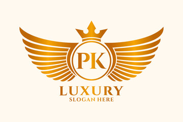 Luxury royal wing Letter PK crest Gold color Logo vector, Victory logo, crest logo, wing logo, vector logo template. - obrazy, fototapety, plakaty