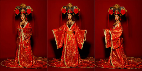 Fototapeta na wymiar Asian Woman wear China Royal empress traditional costume with golden line design dress and headwear
