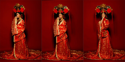 Asian Woman wear China Royal empress traditional costume with golden line design dress and headwear