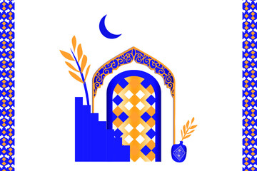 Moroccan scene set, house, door, window and traditional mosaic pattern. Islamic window and gate shape set. Silhouette of Arabic door and window colored in blue and gold color. Vector illustration.