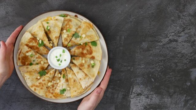 Beef Quesadilla with Sour Cream Shot from Above