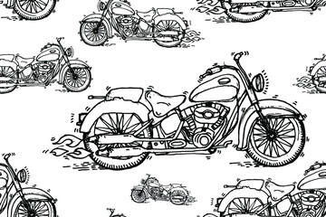 Seamless pattern  motorcycle with fire flames riding on the road on white background. Doodle style Motocross or race. Speed and hobbies. Hand drawn Vector illustration