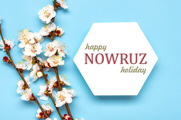 prigs of the apricot tree with flowers and Text Happy Nowruz Holiday Concept of spring came Top view Flat lay Hello march, april, may, persian new year	 - 492807345