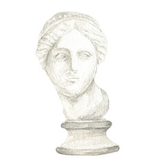 Ancient greek sculpture Venus goddess head, Watercolor Antique Greece mythology statues bust hand drawn illustration, Venus de Milo face sculpture © Svetlana